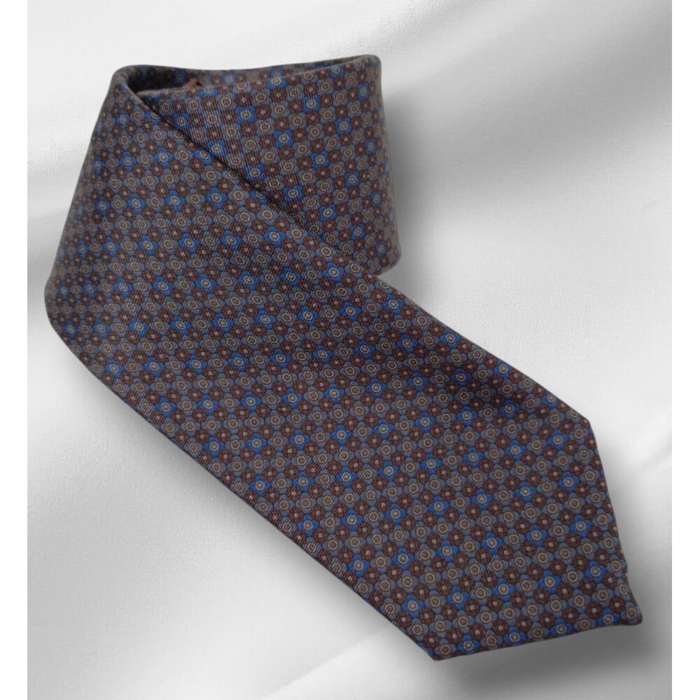 Oscar De La Renta Mens Silk Tie Brown and Blue Geometric Pattern